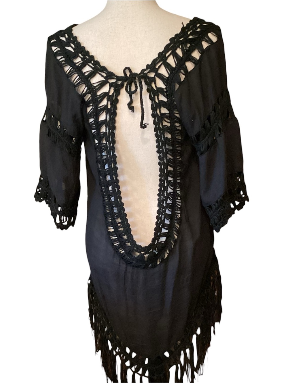 Boho Deep Navy Blue Crochet Lace Fringe Cover Up Tunic One Size - Picture 3 of 8